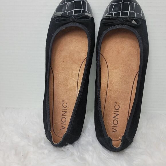 Vionic Minna Women's Size 8.5 Ballet Flat Black Cap Toe Crocodile Bow Shoes - Picture 8 of 10